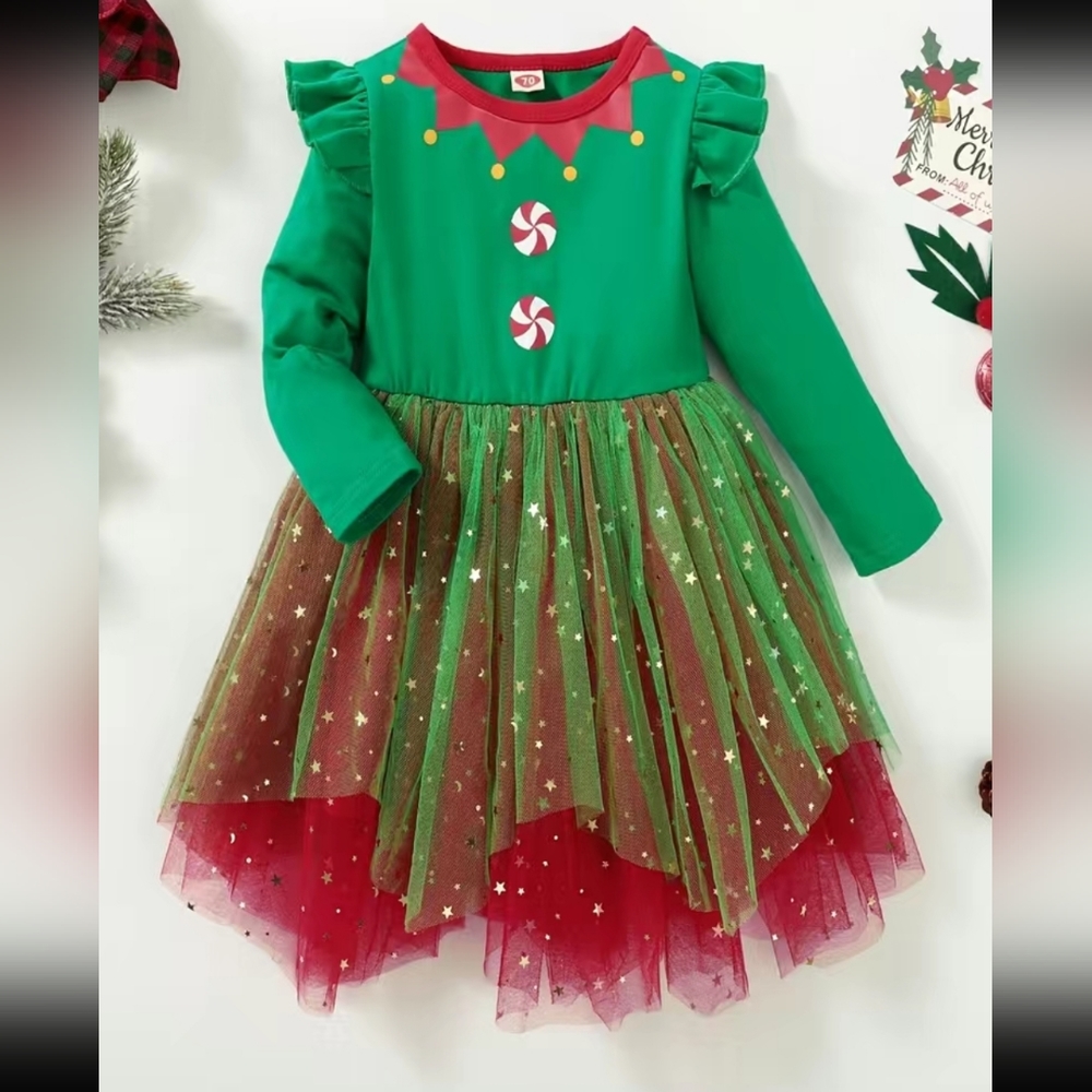 🎉5/$20 NWT Christmas Tulle Star Sparkle Green Red Long Sleeve Dress